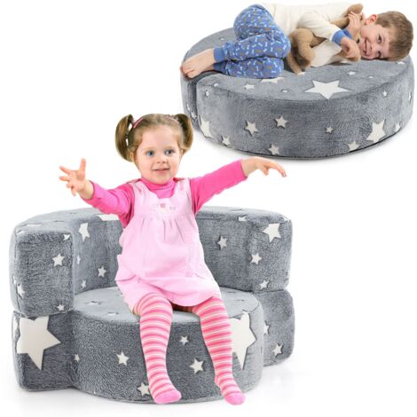 COSTWAY Kids Plush Couch Toddlers 2 in 1 Glow in the Dark Sofa Play Mat-Grey (1/5)