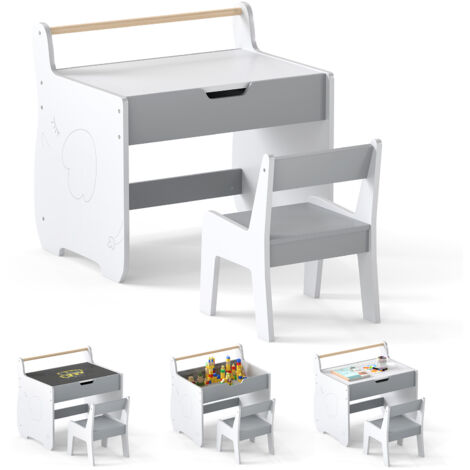 COSTWAY Kids Table and Chair Set Wooden Activity Desk and Chair Set-White+Grey (1/5)