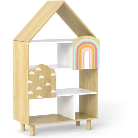 COSTWAY Kids Dollhouse Bookshelf House-shaped Bookcase with 2 Doors-Natural (1/5)