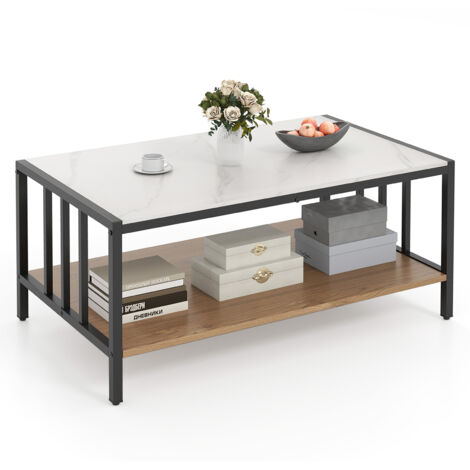 COSTWAY 2-Tier Coffee Table Rectangular Center Table w/Storage Shelf-White (1/5)