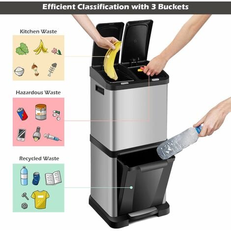 COSTWAY Recycling Pedal Bin for Kitchen Waste, Vertical Waste Separation System, 3 Recycle Compartments, 32L Rubbish Capacity Stainless Steel Trash Garbage Can