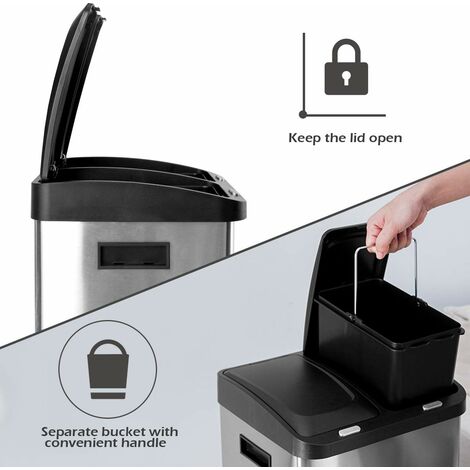 COSTWAY Recycling Pedal Bin for Kitchen Waste, Vertical Waste Separation System, 3 Recycle Compartments, 32L Rubbish Capacity Stainless Steel Trash Garbage Can