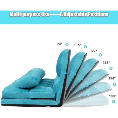 COSTWAY Double Folding Sofa Bed, 6-Position Adjustable Lounger Sleeper Seat Chair with 2 Pillows, Home Office Living Room Bedroom Floor Lazy Sofa Bed (Blue)