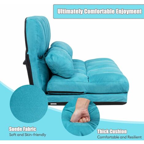 COSTWAY Double Folding Sofa Bed, 6-Position Adjustable Lounger Sleeper Seat Chair with 2 Pillows, Home Office Living Room Bedroom Floor Lazy Sofa Bed (Blue)