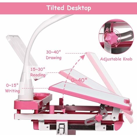 Multi-functional Desk Chair Set,Height adjustable children kids study desk table chair set ergonomic,Student Writing Desk Table and Chair with Storage Drawer and Bookstand for Boys Girls Pink 