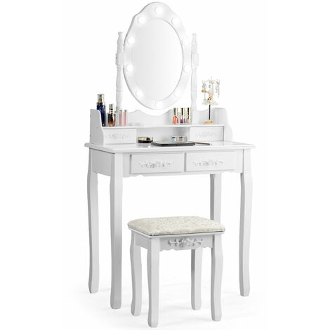 COSTWAY Dressing Table Set with LED Lights and Mirror, Wooden Detachable Makeup Dresser Table Stool, Home Bedroom Vanity Cosmetic Furniture Gift for Girls Women