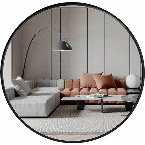 COSTWAY 60cm Large Round Mirror, Black Frame Makeup Shaving Hanging Mirrors, Wall Mounted Circle Mirror for Living Room Bathroom Entryway