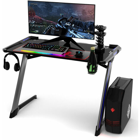 COSTWAY Gaming Computer Desk with USB Game Handle Rack, RGB LED Lights, Mouse Pad and Cup Headphone Holders, Ergonomic PC Racing Table Study Work Workstation, 120 x 64 x 75cm