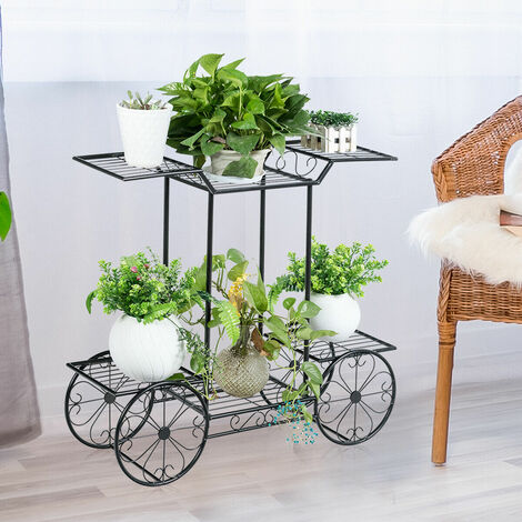 COSTWAY Metal Plant Stand, 6 Tiers Flower Pot Shelves with Decorative Wheels, Parisian Style Plants Garden Cart Display Rack for Indoor Outdoor