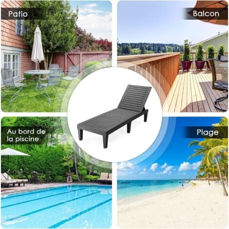 COSTWAY Bain de Soleil Inclinable Chaise Longue Dossier Réglable sur 5 Positions Charge 180KG Résistante aux Intempéries pour Plage Noir