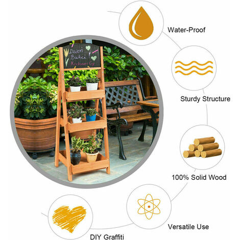 3-Tier Flower Pot Stand Wooden Outdoor Garden Ladder Plant Rack W/ Blackboard