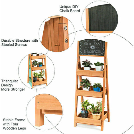 3-Tier Flower Pot Stand Wooden Outdoor Garden Ladder Plant Rack W/ Blackboard