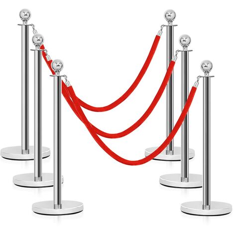 COSTWAY 6Pcs Queue Rope Barrier, Round Top Queue Security Stanchion Set with 150cm Velvet Rope and Stainless Steel Post, Crowd Control Stand Rope Divider for Museum, Factory, Cinema (Red+Silver) (1/5)