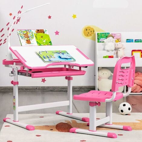 Costway Adjustable Height Kids Study Desk Drafting Table Computer Station  Pink