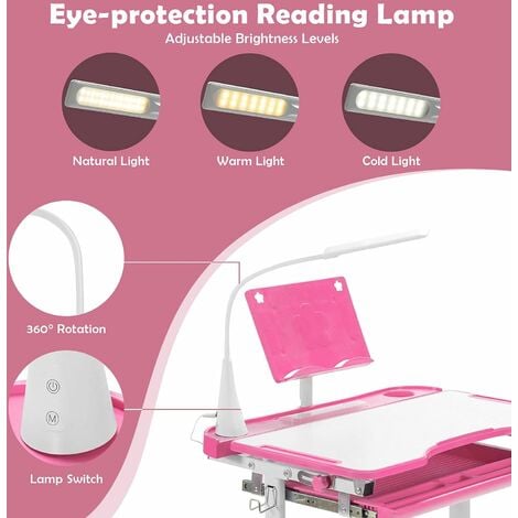 COSTWAY Kids Desk and Chair Set, Height Adjustable Student Study Table with Drawable & Tilted Desktop, Book Stand, LED Lamp and Pull-Out Drawer, for Writing, Reading and Drawing (Pink)