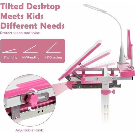COSTWAY Kids Desk and Chair Set, Height Adjustable Student Study Table with Drawable & Tilted Desktop, Book Stand, LED Lamp and Pull-Out Drawer, for Writing, Reading and Drawing (Pink)