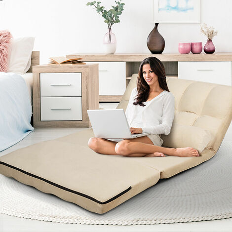 COSTWAY Double Folding Sofa Bed, 6-Position Adjustable Lounger Sleeper Seat Chair with 2 Pillows, Home Office Living Room Bedroom Floor Lazy Sofa Bed (Beige)