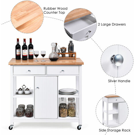 Utility Wooden Movable Kitchen Storage Trolley Cart Cupboard Rolling Wheels