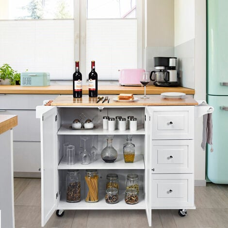 Kitchen Storage Trolley,136 X 76 X 91cm, Rolling Island Cabinet with Extendable Tabletop and Adjustable Shelves, Home Kitchen Dining Organiser Sideboard Cupboard Cart, COSTWAY(White)