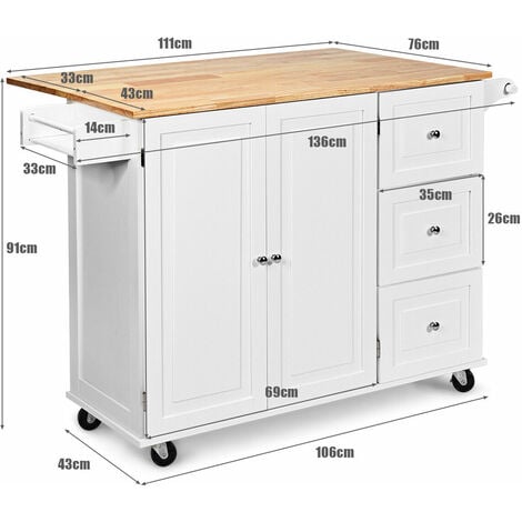 Kitchen Storage Trolley,136 X 76 X 91cm, Rolling Island Cabinet with Extendable Tabletop and Adjustable Shelves, Home Kitchen Dining Organiser Sideboard Cupboard Cart, COSTWAY(White)