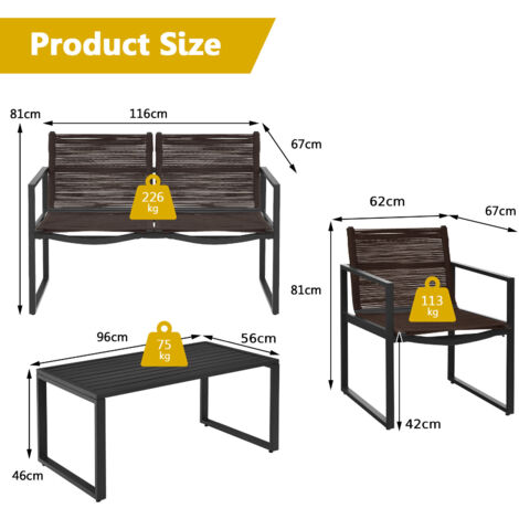 4PCS Garden Patio Table and Chair Set Outdoor Conversation Furniture Metal Frame