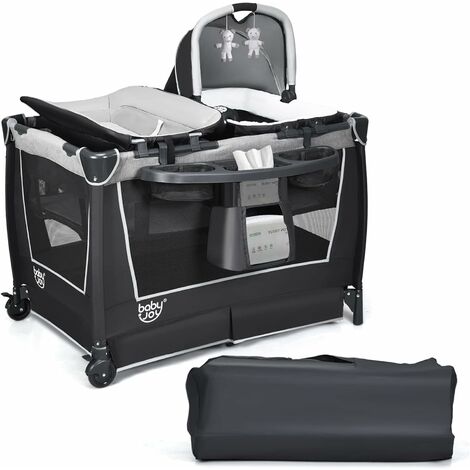 COSTWAY 4 in 1 Foldable Travel Cot, Portable Baby Bed Playard with Bassinet, Changing Table, Cradle, Music Box, Wheels and Carry Bag, Nursery Center for Boys and Girls (Grey)