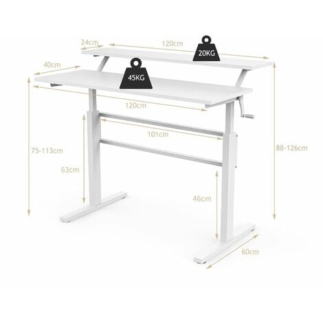 2-Tier Standing Desk Sit to Stand Workstation Ergonomic Computer Table White