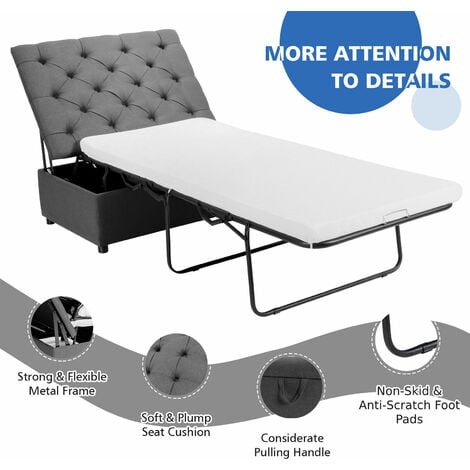 COSTWAY Folding Bed with Mattress, 2-in-1 Convertible Sofa Bed Ottoman, Space-Saving Button Tufted Couch Sleeper Guest Lounger Footstool for Living Room, Bedroom and Office (Grey)