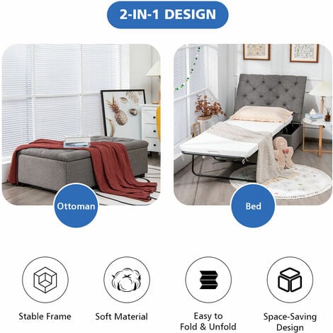 COSTWAY Folding Bed with Mattress, 2-in-1 Convertible Sofa Bed Ottoman, Space-Saving Button Tufted Couch Sleeper Guest Lounger Footstool for Living Room, Bedroom and Office (Grey)