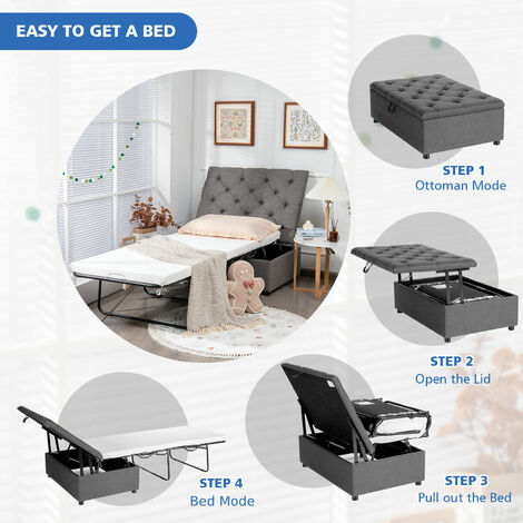 COSTWAY Folding Bed with Mattress, 2-in-1 Convertible Sofa Bed Ottoman, Space-Saving Button Tufted Couch Sleeper Guest Lounger Footstool for Living Room, Bedroom and Office (Grey)