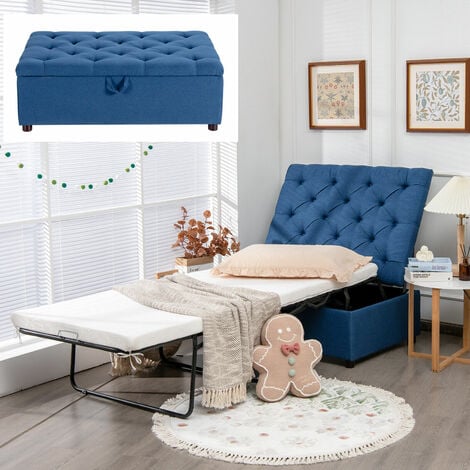 COSTWAY Folding Bed with Mattress, 2-in-1 Convertible Sofa Bed Ottoman, Space-Saving Button Tufted Couch Sleeper Guest Lounger Footstool for Living Room, Bedroom and Office (Blue)