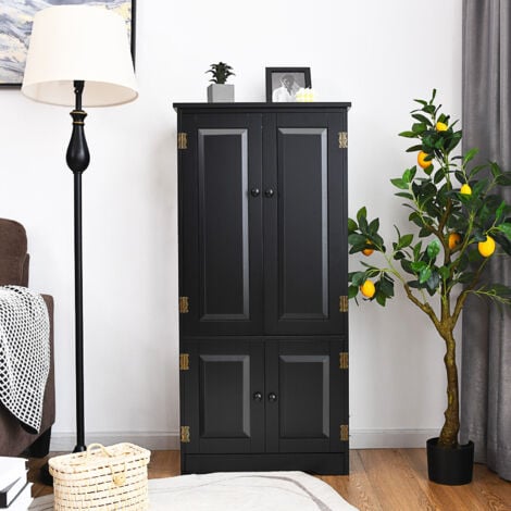 Freestanding Floor Cabinet Wooden Storage Organizer Chest with Adjustable Shelf Black