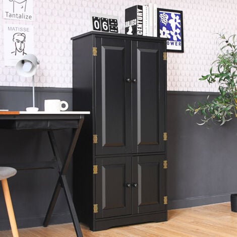 Freestanding Floor Cabinet Wooden Storage Organizer Chest with Adjustable Shelf Black