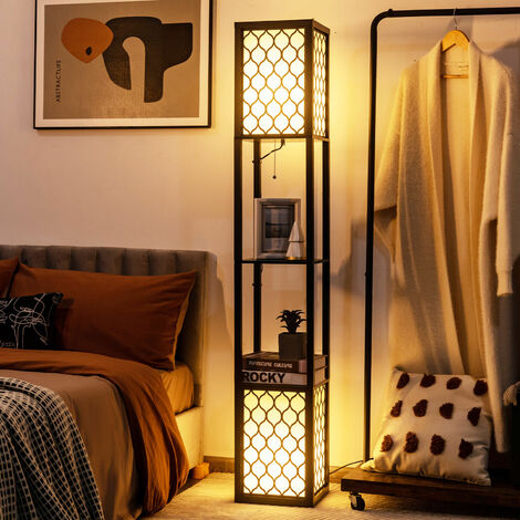 COSTWAY Floor Lamp Wooden Shelf Standing Light w/Dual Switch & Fabric Lampshades Modern