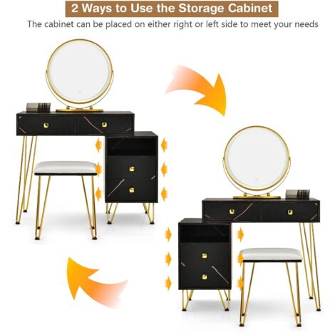 COSTWAY Dressing Table Set, Modern Vanity Makeup Table Stool Set with 3 Color Detachable LED Mirror, Home Bedroom Cosmetics Dresser Furniture Gift (Black with Side Cabinet)