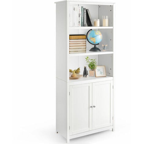 Costway Wooden Storage Cabinet Floor, Tall White Bookcase With Bottom Doors