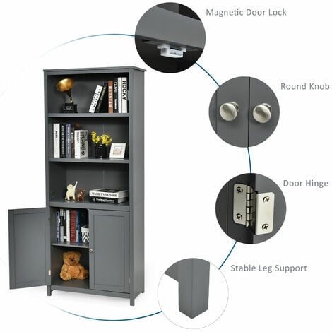 COSTWAY Wooden Storage Cabinet, Floor Standing Cupboard Tall Sideboard with 3-Tier Open Shelves and 2 Doors, Home Living Room Entryway Hallway Display Organiser Unit (Grey)