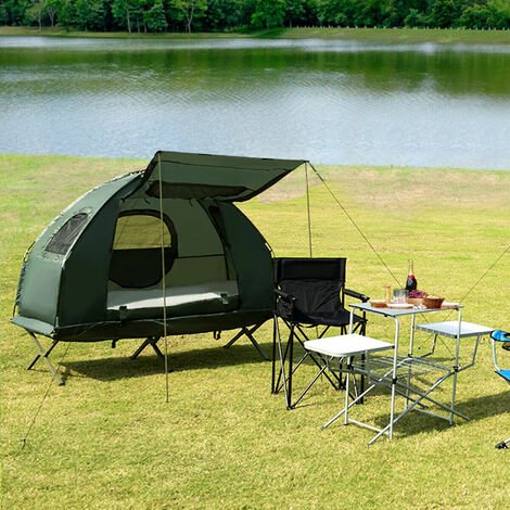 COSTWAY 2 Person Foldable Camping Tent Elevated Tent Cot with Camping Bed Air Mattress Sleeping Bag Foot Pump and Carry Bag Waterproof