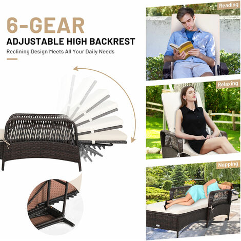 COSTWAY Rattan Sun Lounger, 6 Positions Adjustable Deck Chaise Sunbed with Removable Cushion and Pillow, Outdoor Wicker Weave Reclining Chair for Patio Garden Poolside (Brown + Cream, without Wheels)