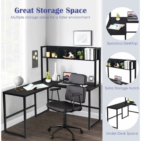 COSTWAY L-Shaped Computer Desk, Industrial Large 2-Person Corner Writing Workstation PC Laptop Table with Storage Bookshelf, Home Office Work Study Gaming Desk (Black)