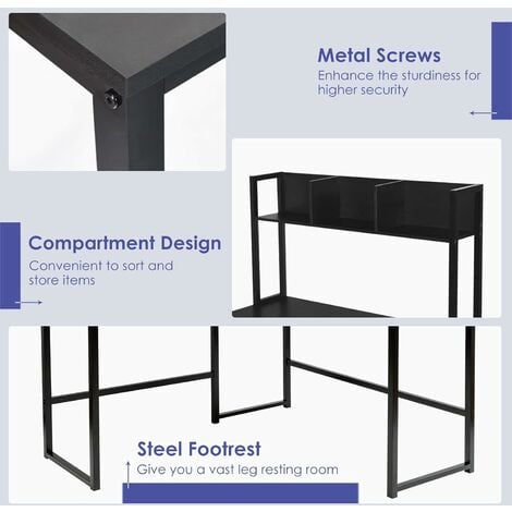 COSTWAY L-Shaped Computer Desk, Industrial Large 2-Person Corner Writing Workstation PC Laptop Table with Storage Bookshelf, Home Office Work Study Gaming Desk (Black)