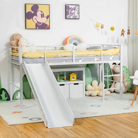 COSTWAY Kids Mid Sleeper Bed, Children Loft Beds with Slide, Stairs and Safety Guardrails, Metal Single Bunk Bed Frame for Boys Girls, 150kg Capacity (White)