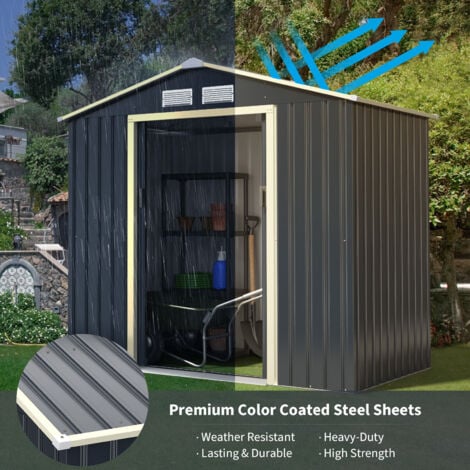 COSTWAY Metal Storage Shed, Outdoor Lockable Tool Storage Box with 4 Vents, Double Sliding Door and Sloped Roof, Weatherproof Garden Shed House Hut (4 X 7 FT)