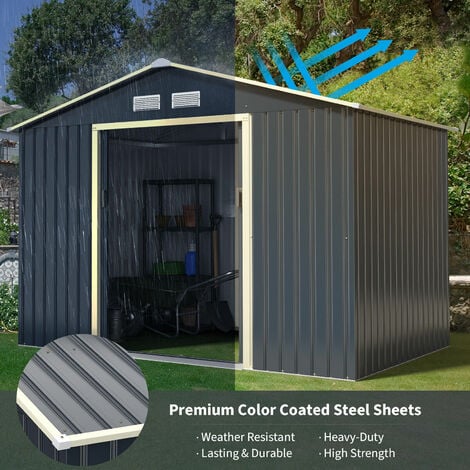 COSTWAY 6'x9' Metal Storage Shed, Outdoor Lockable Tool Storage Box with 4 Vents, Double Sliding Door and Sloped Roof, Weatherproof Garden Shed House Hut