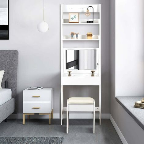COSTWAY 3-in-1 Ladder Shelf Desk w/ Removable Divider,60x40x180cm,Flip Top Mirror, 2 Storage Shelves, 3 Hooks, Leaning Vanity Set Makeup Dressing Table and Cushioned Stool (White)