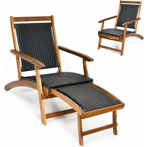 Folding Patio Deck Chair Outdoor Wicker Chaise Lounger with Retractable Footrest (1/5)