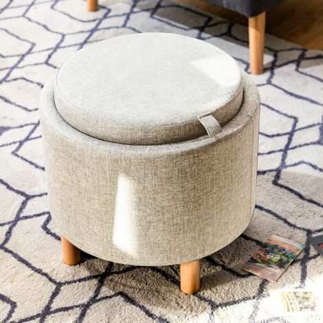 Round Storage Ottoman w/ Tray Accent Fabric Storing Footrest w/ Non-Slip Pads