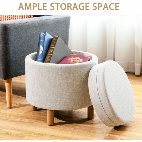 Round Storage Ottoman w/ Tray Accent Fabric Storing Footrest w/ Non-Slip Pads
