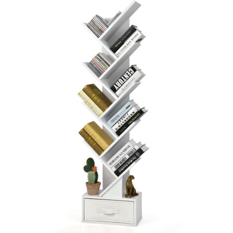 Tree Bookshelf 59” Narrow Free-standing Bookcase Storage Organizer-White