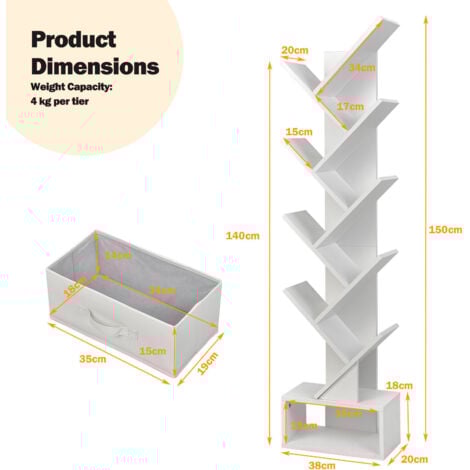 Tree Bookshelf 59” Narrow Free-standing Bookcase Storage Organizer-White
